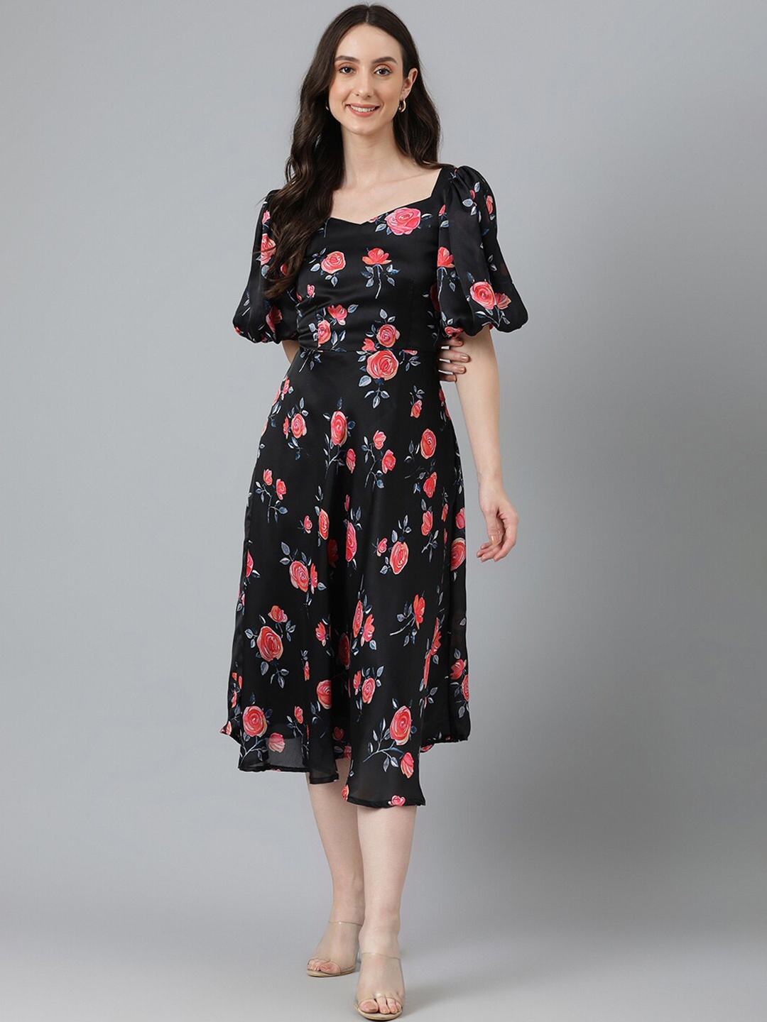 

Vinya Floral Printed Sweetheart Neck Puff Sleeves Georgette Fit & Flare Midi Dress, Black