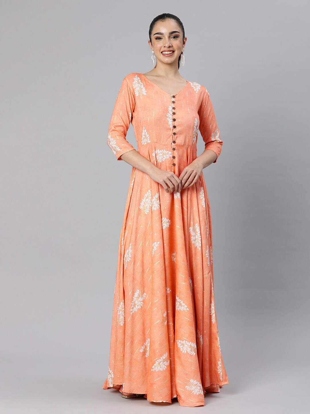 

Vinya Floral Printed V-Neck Maxi Dress, Peach