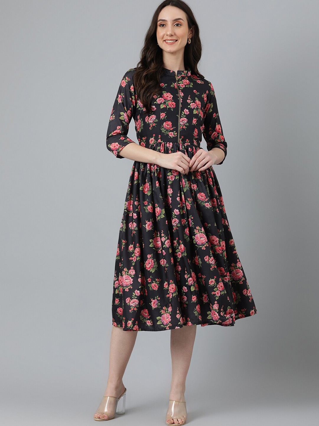 

Vinya Floral Printed Fit and Flare Cotton Dress, Black