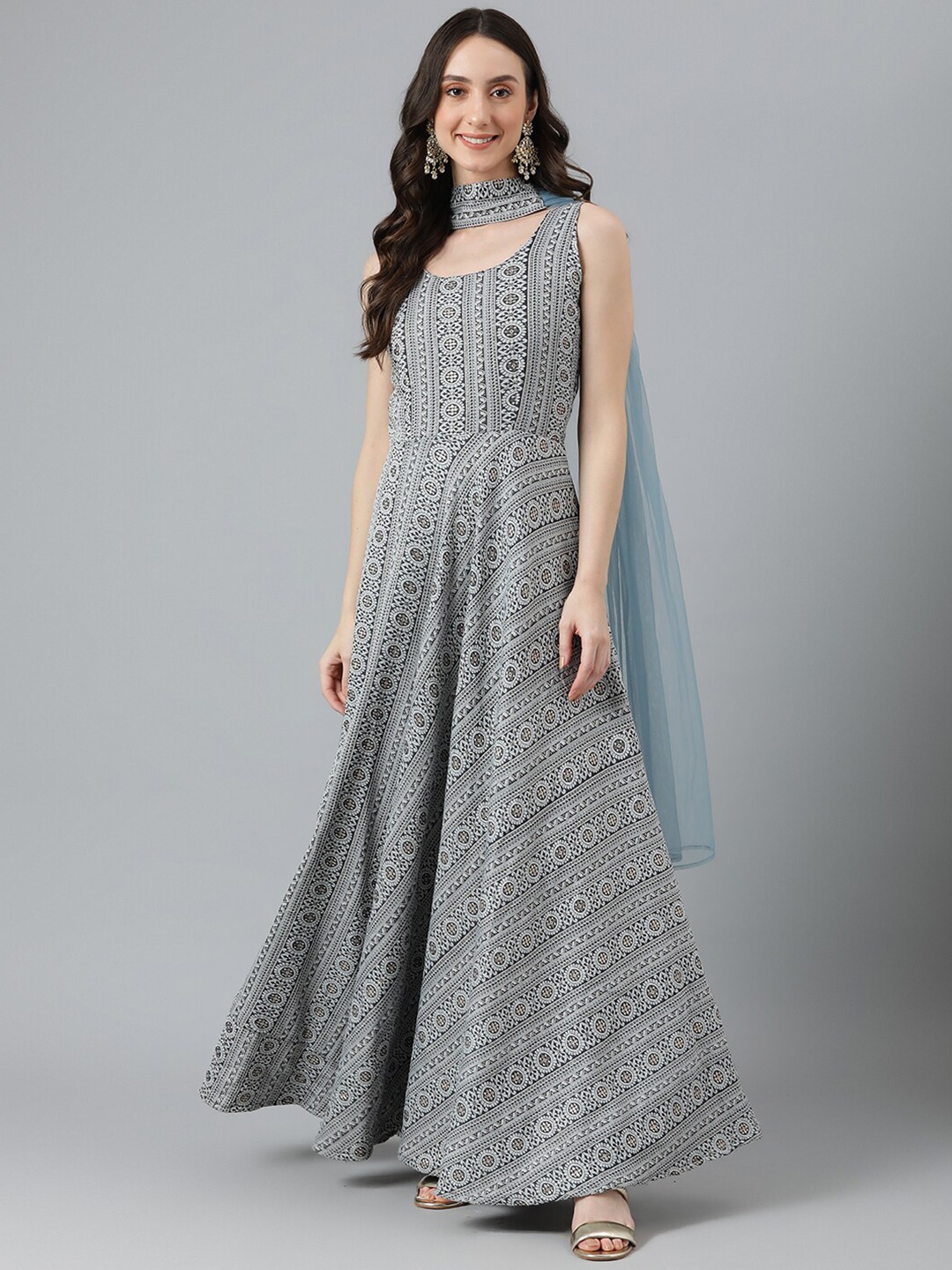 

Vinya Ethnic Motifs Sleeveless Fit & flare Jacquard Anarkali Dress With Dupatta, Grey