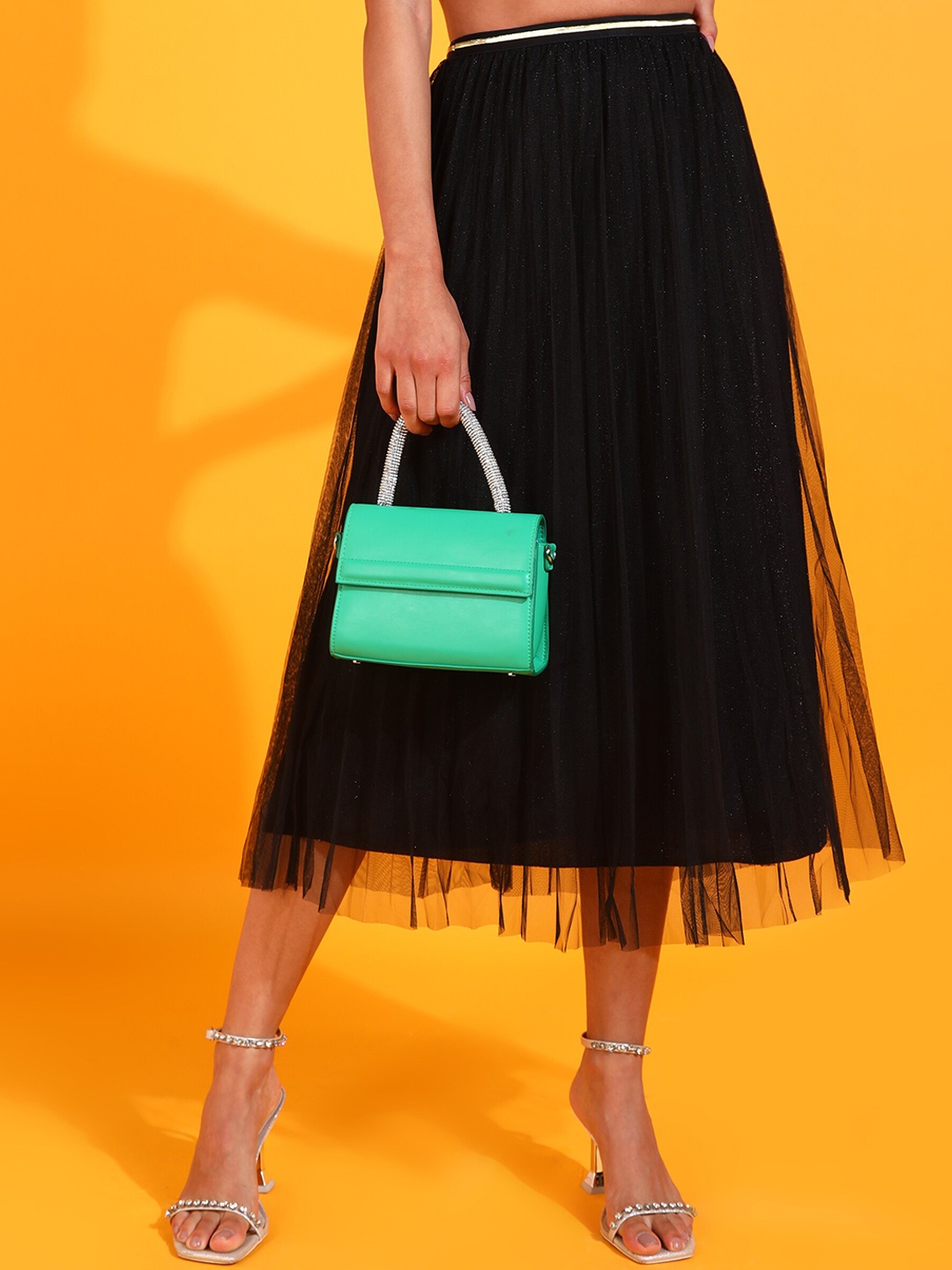 

SHECZZAR Shimmer Accordion Pleated Knitted A-Line Flared Midi Skirt, Black