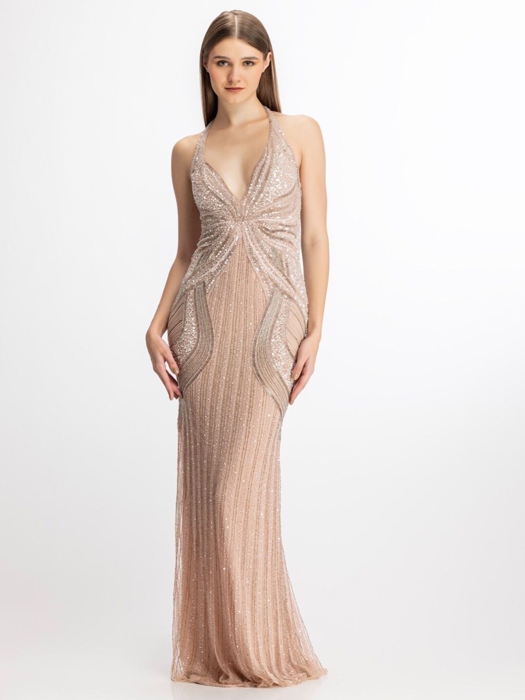 

BHAWNA RAO Embellished Halter Neck Net Maxi Bodycon Dress, Pink