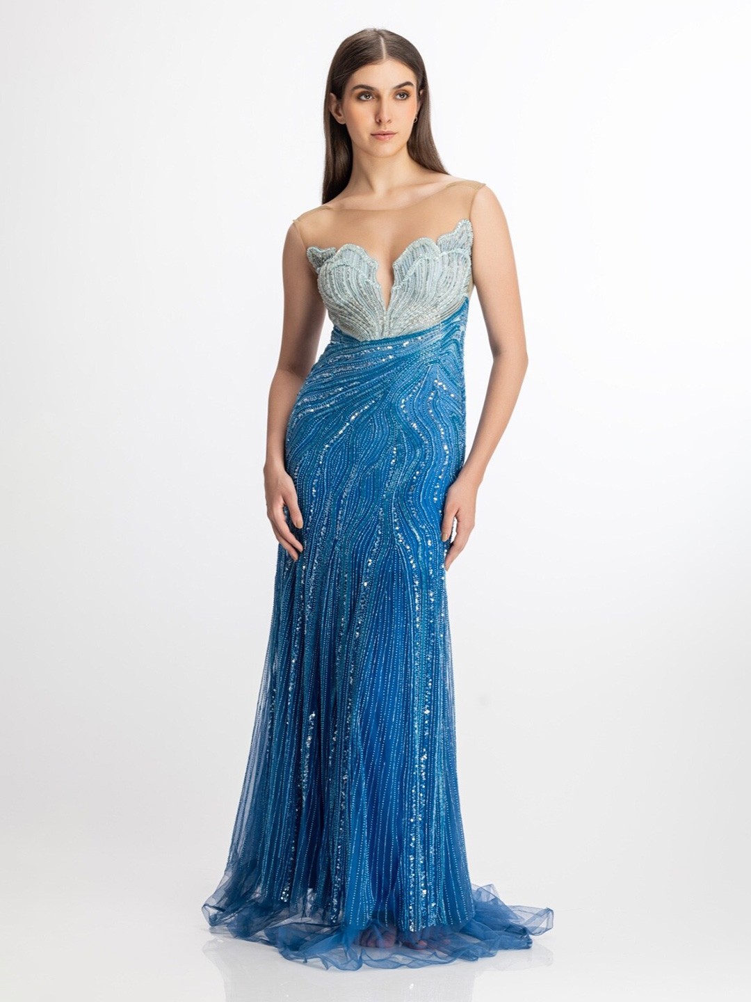 

BHAWNA RAO Self Design Strapless Net Maxi Dress, Blue