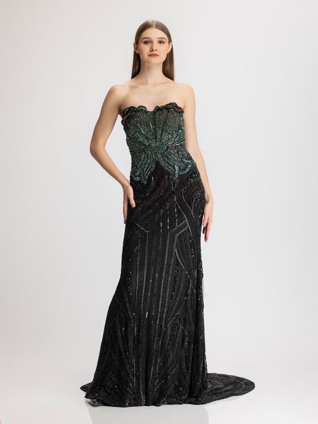 

BHAWNA RAO Embellished Strapless Net Maxi Sheath Dress, Teal