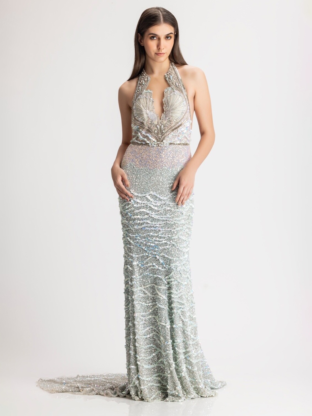 

BHAWNA RAO Embellished Halter Neck Sequinned Net Maxi Dress, Blue