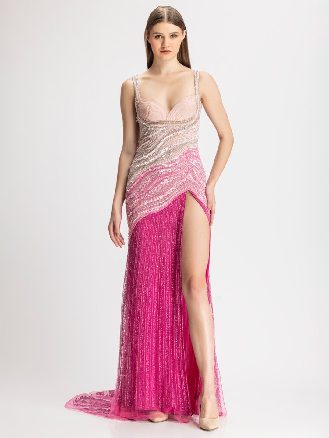 

BHAWNA RAO Embellished Shoulder Straps Sequinned Net Maxi Dress, Pink