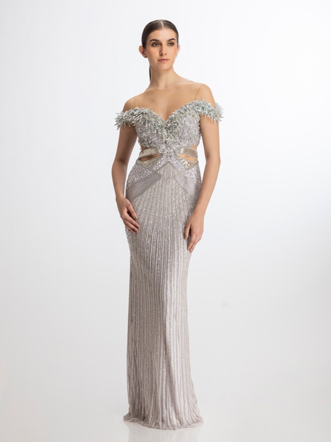 

BHAWNA RAO Self Design Off-Shoulder Net Maxi Dress, Silver