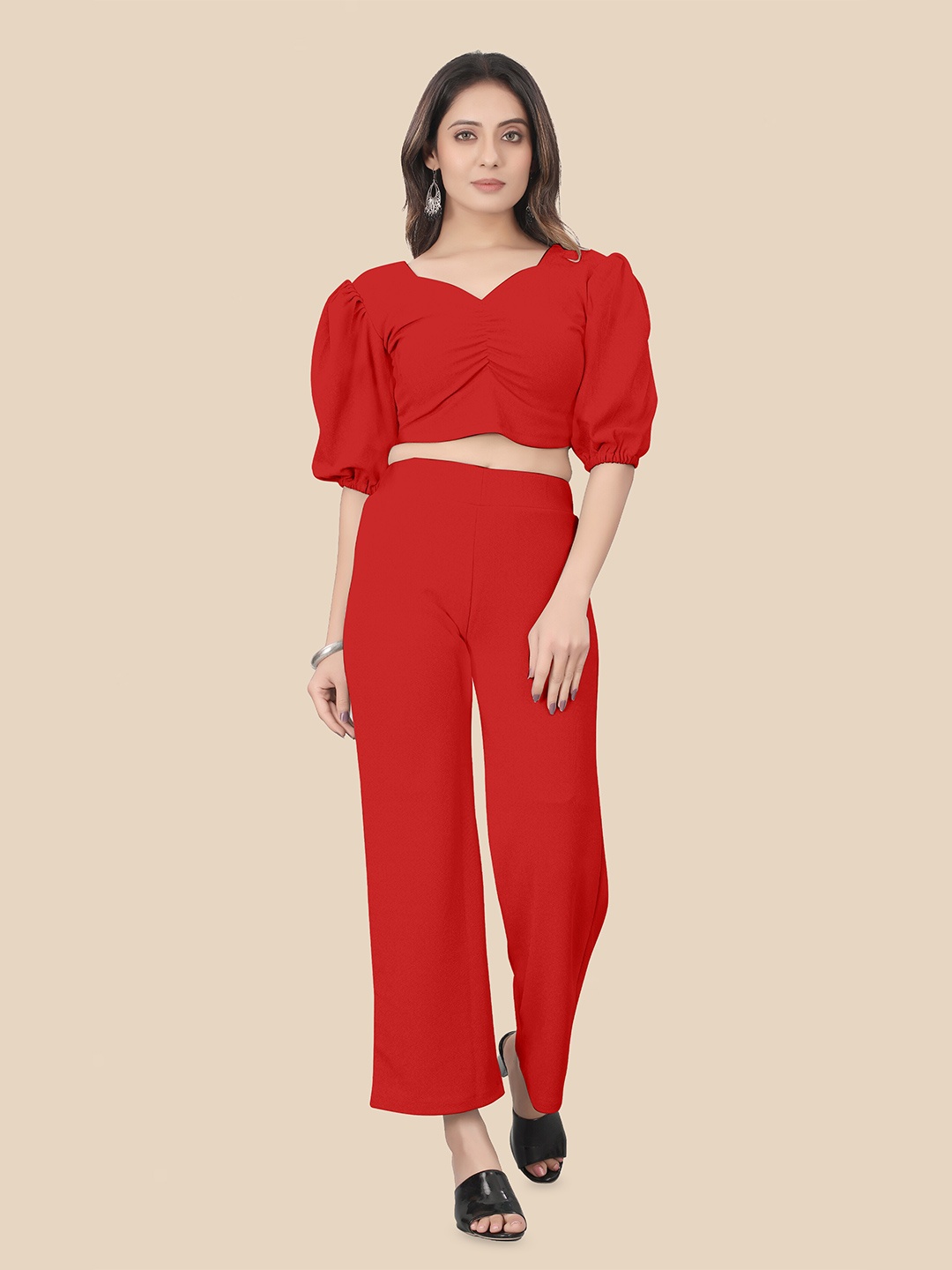 

N N ENTERPRISE Crop Top With Trousers Co-Ords, Red
