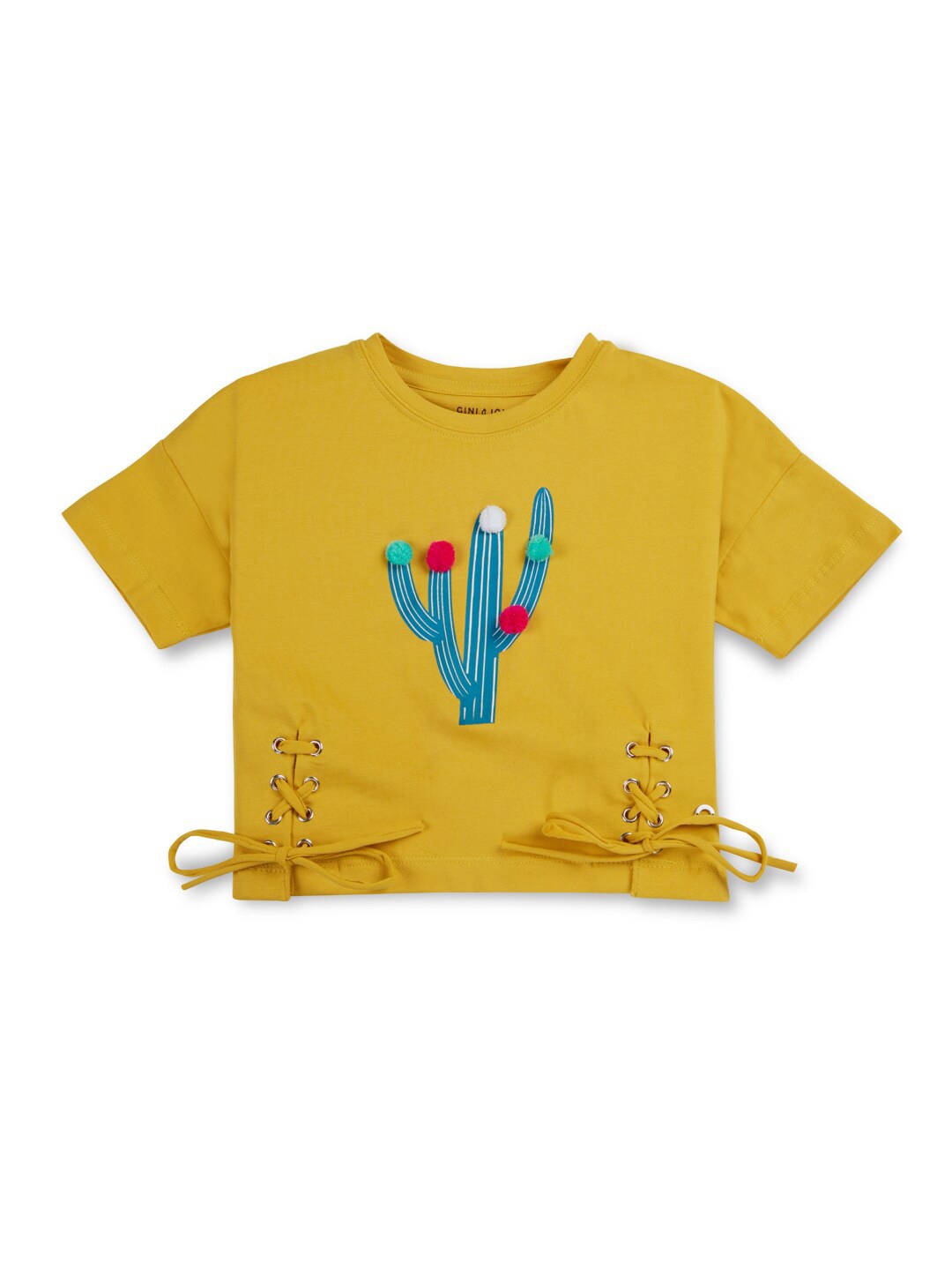 

Gini and Jony Girls Graphic Printed Tie-Ups Cotton Top, Mustard