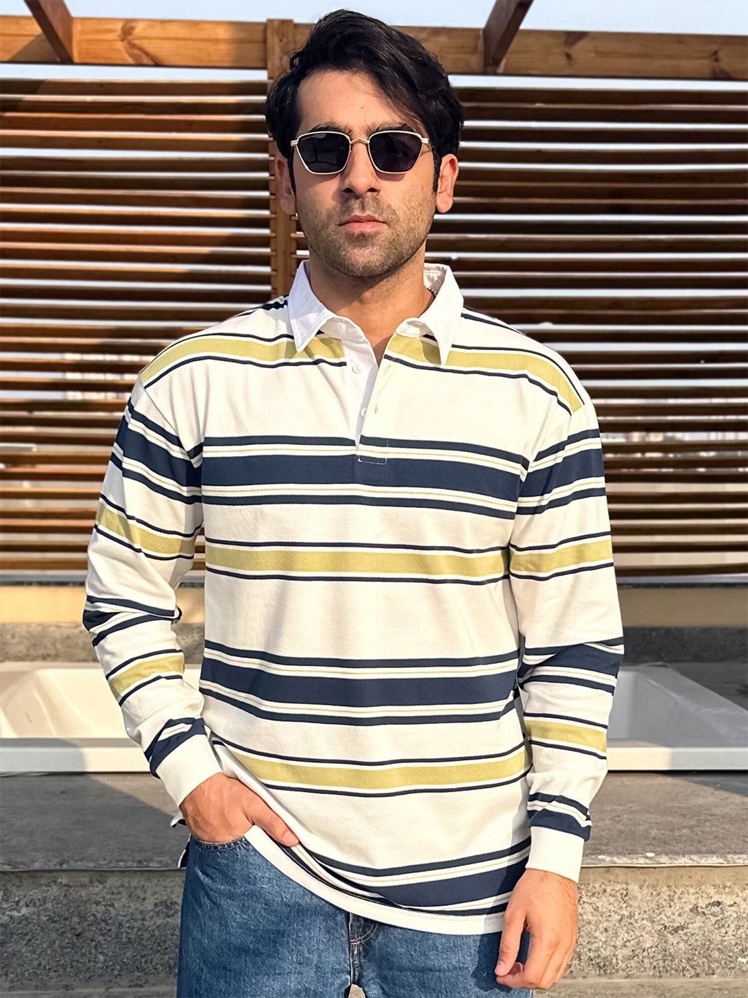 

Maniac Striped Long Sleeves Polo Collar Oversized Cotton T-shirt, Beige