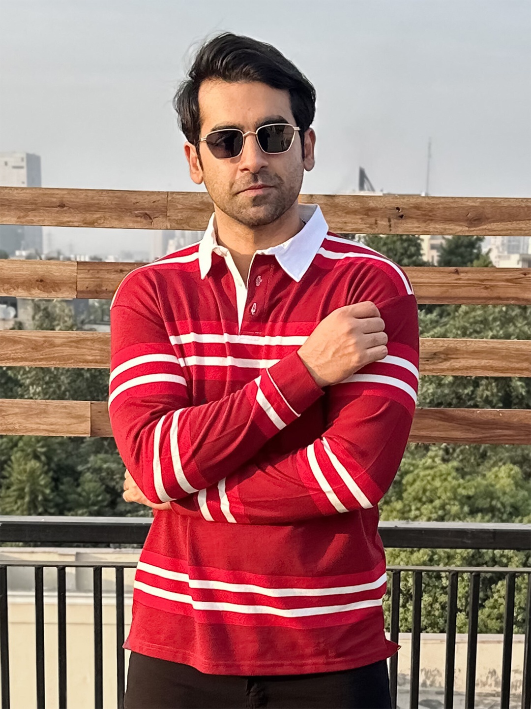 

Maniac Striped Polo Collar Cotton Oversized T-Shirt, Red
