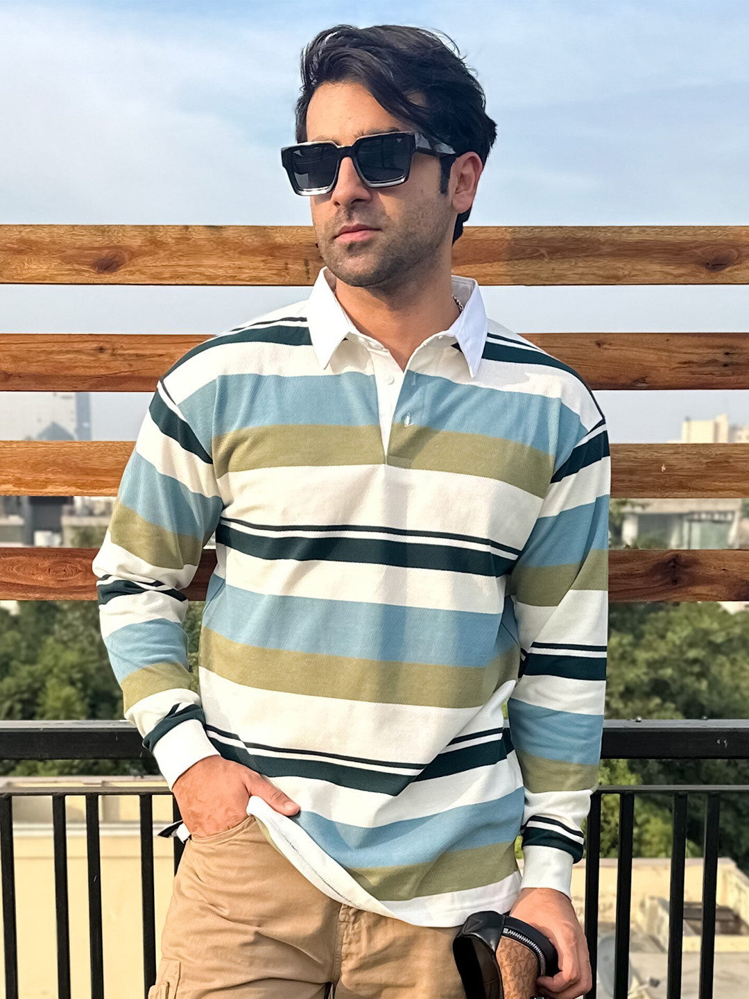 

Maniac Striped Polo Collar Cotton Oversized T-Shirt, Beige