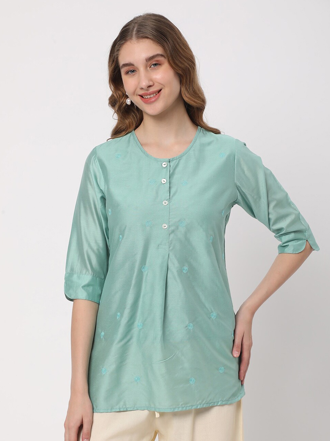 

R&B Round Neck Embroidered Ethnic Tunic, Green