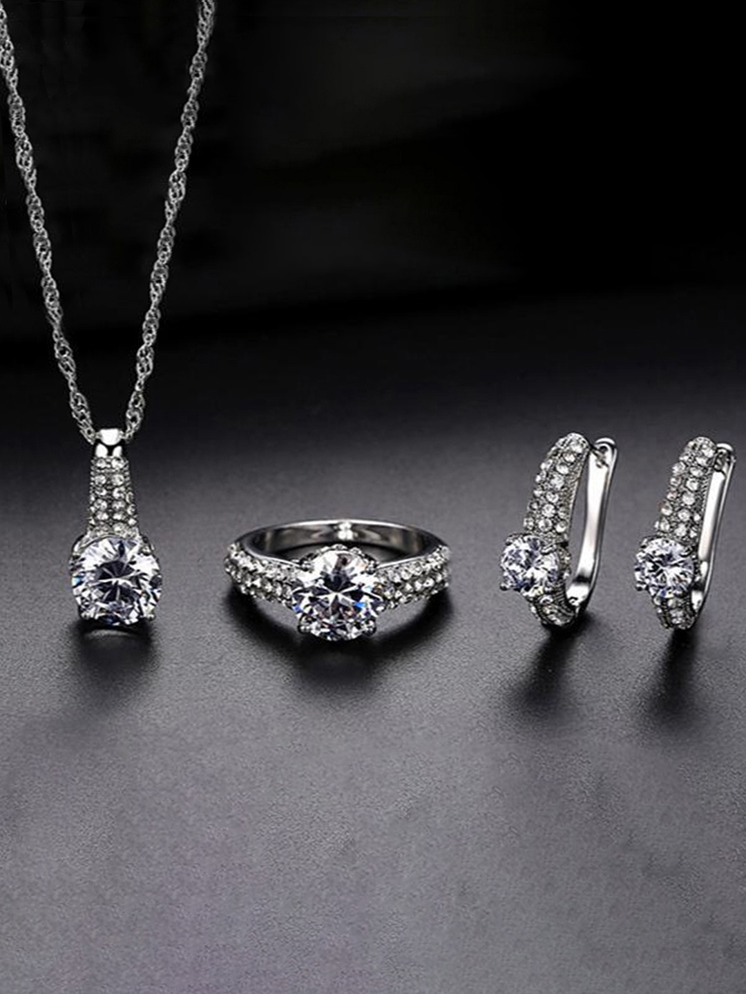 

Peora Silver Plated CZ Studded Pendant Chain Necklace Finger Ring & Earrings