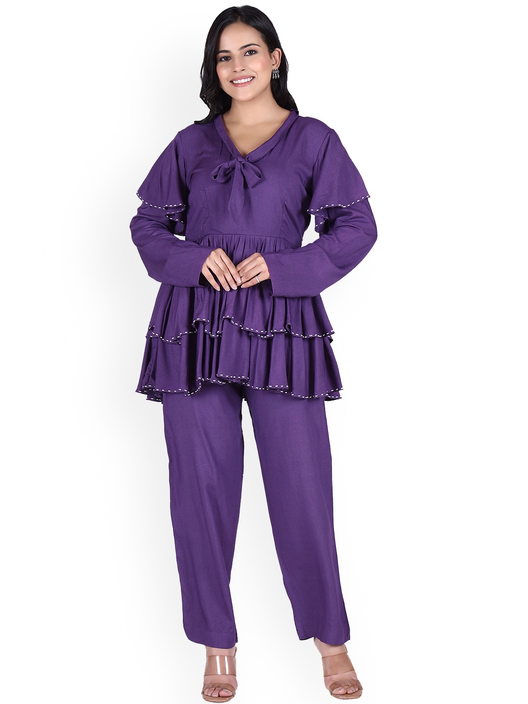 

Lirose V-Neck Gathered Tunic With Flared Trouser Co-Ords, Purple