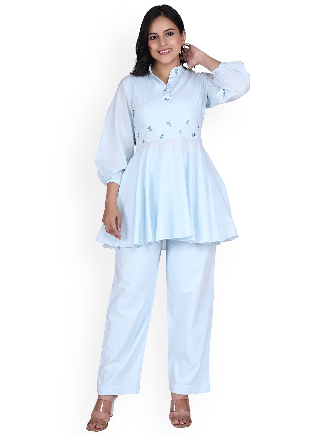 

Lirose Mandarin Collar Pure Cotton Tunic With Flared Trouser Co-Ords, Blue