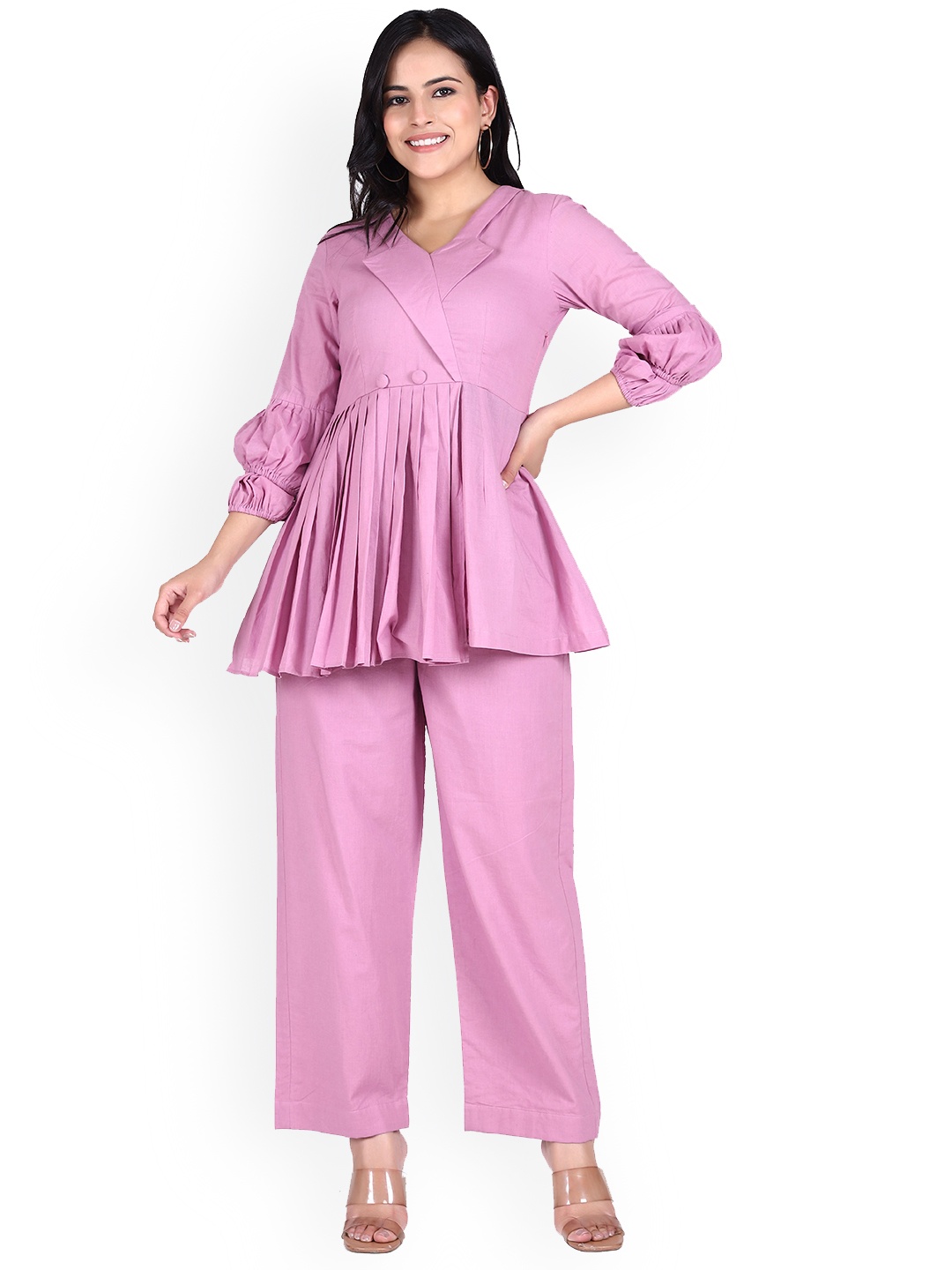 

Lirose V-Neck Pure Cotton Top With Flared Trouser Co-Ords, Purple