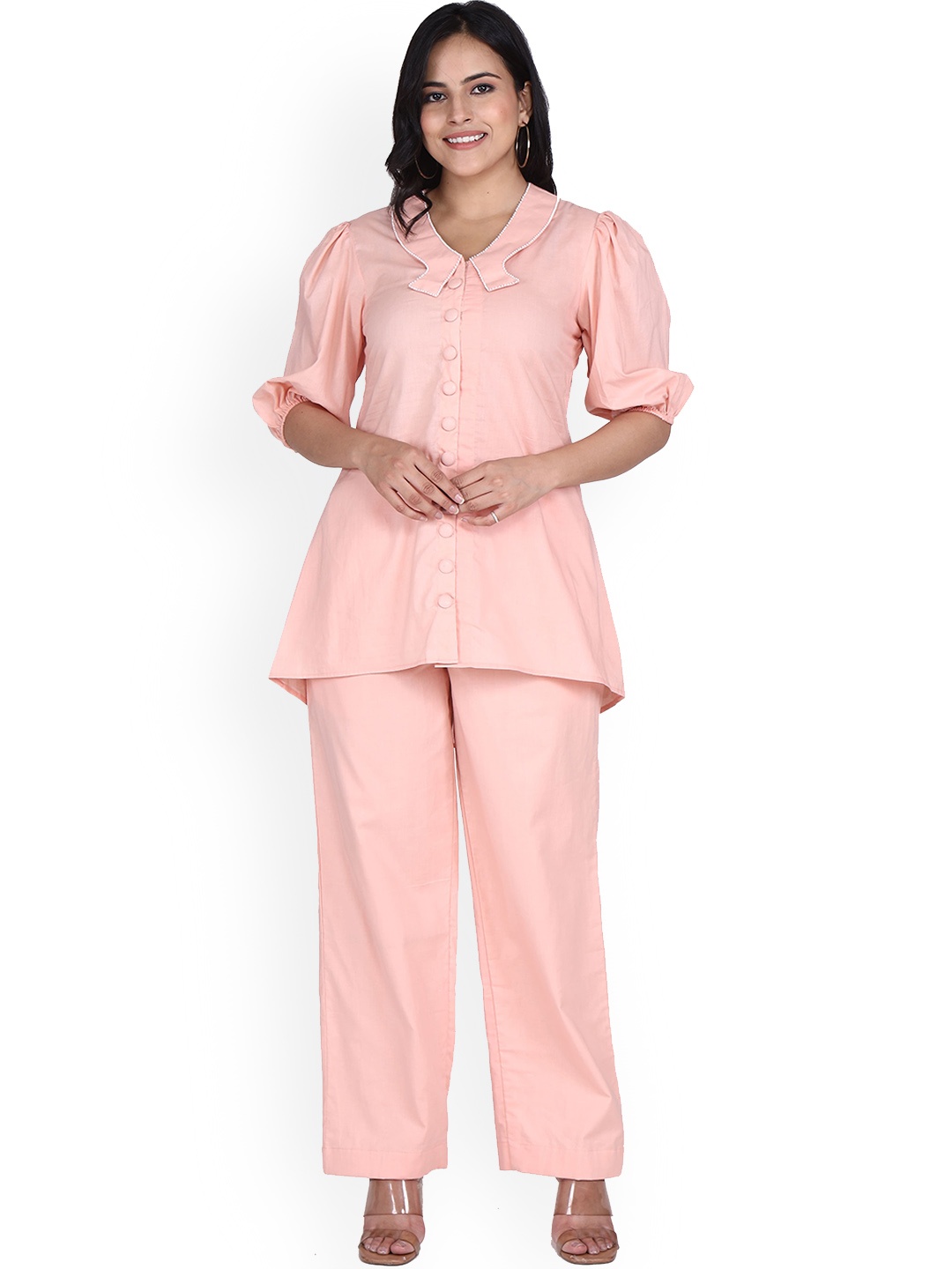 

Lirose V-Neck Pure Cotton Tunic With Flared Trouser, Peach