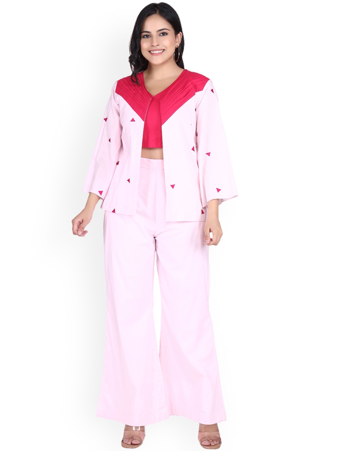 

Lirose Printed Shoulder Straps Pure Cotton Top With Trouser With Jacket, Pink