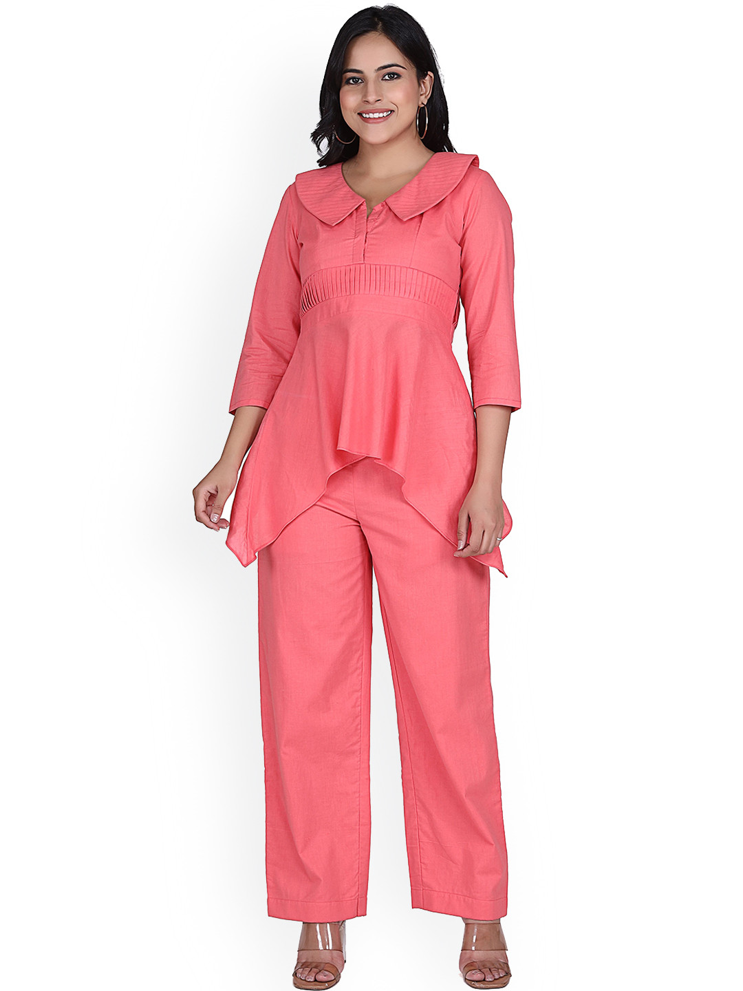 

Lirose V-Neck Pure Cotton Top With Trouser, Coral