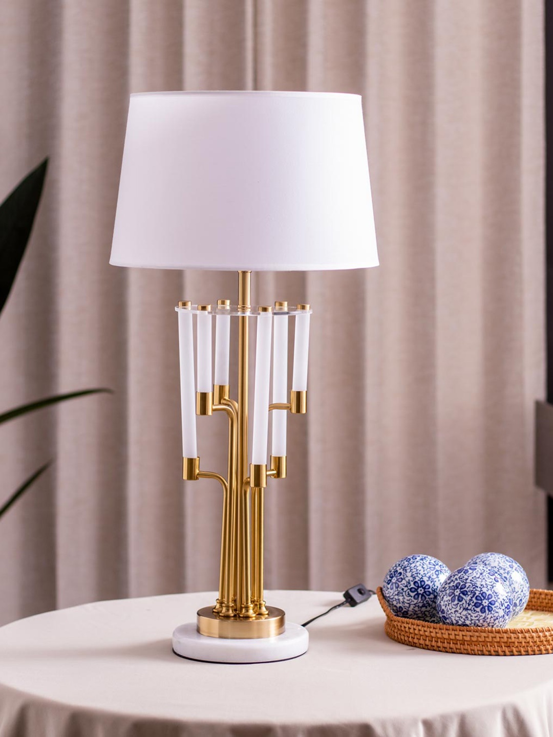 

THEDECORKART White & Gold Toned Metal Contemporary Frustum Shaped Table Lamps