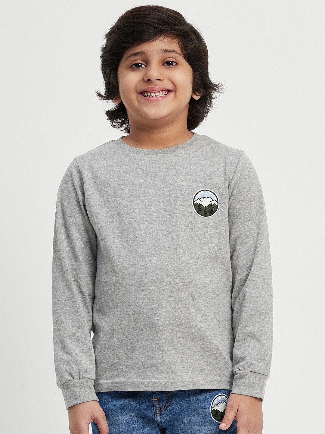

Purple United Kids Boys Long Sleeves Applique Cotton T-shirt, Grey melange