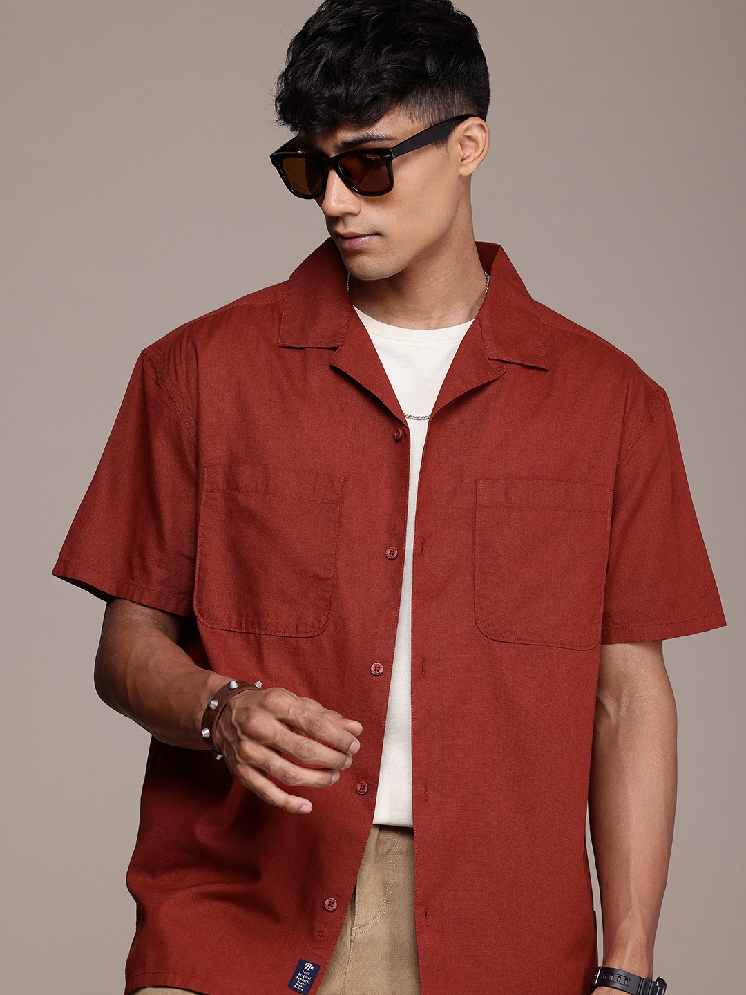 

The Roadster Life Co. Cuban Collar Pure Cotton Relaxed Fit Casual Shirt, Rust