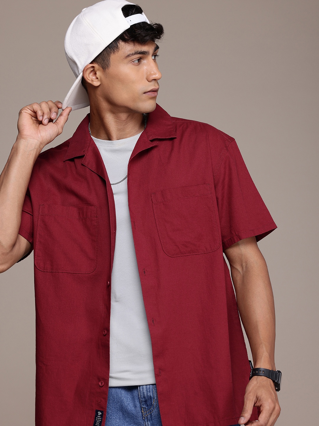 

The Roadster Life Co. Cuban Collar Pure Cotton Relaxed Fit Casual Shirt, Maroon