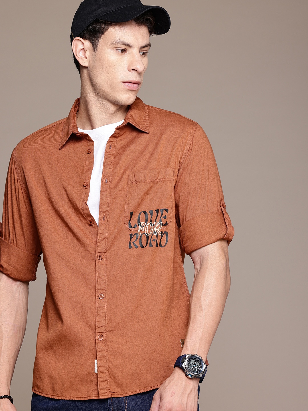 

The Roadster Life Co. Relaxed Fit Pure Cotton Typography Printed Casual Shirt, Brown