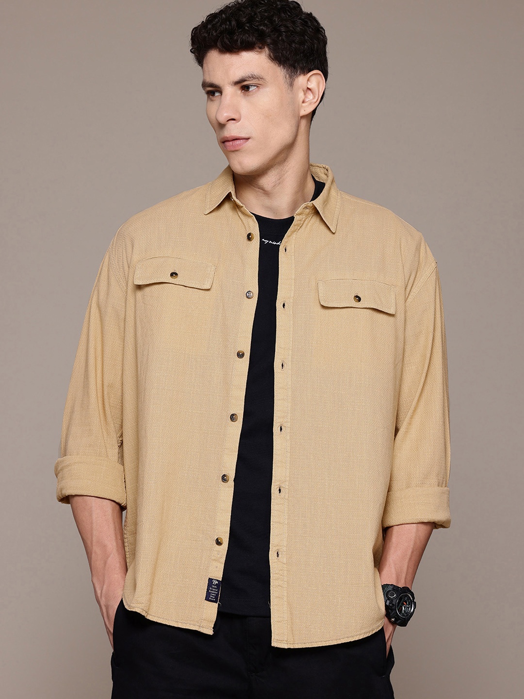 

The Roadster Lifestyle Co. Textured Pure Cotton Relaxed Shirt, Beige