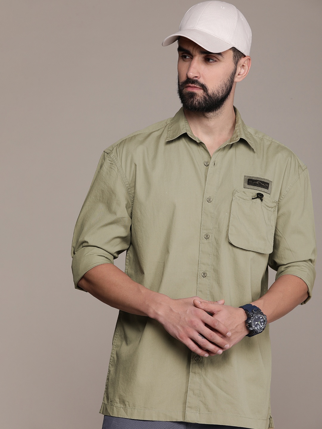 

The Roadster Lifestyle Co. Men Pure Cotton Relaxed Fit Casual Shirt, Olive