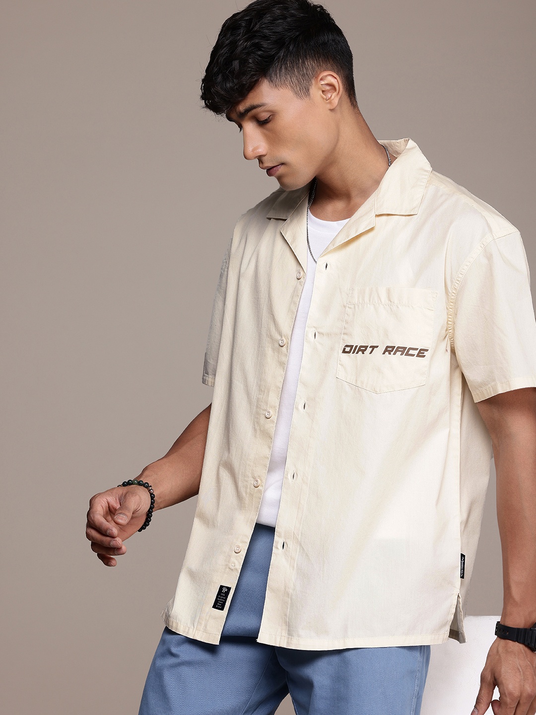 

The Roadster Life Co. Cuban Collar Pure Cotton Relaxed Fit Casual Shirt, Beige