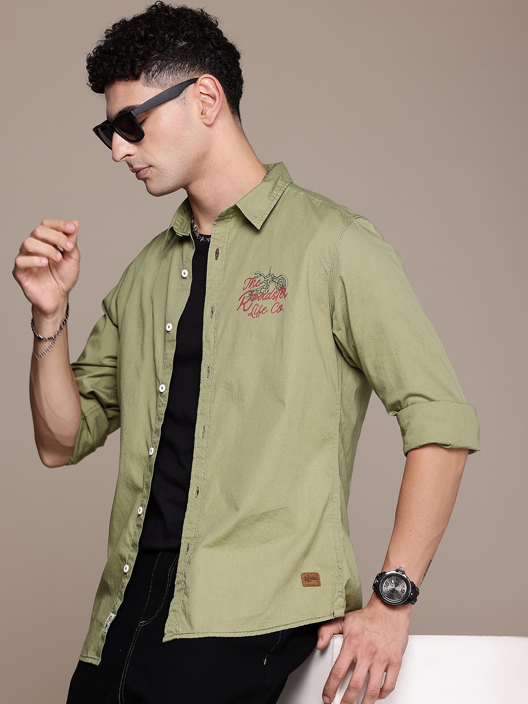 

The Roadster Life Co. Pure Cotton Brand Logo Printed Casual Shirt, Olive