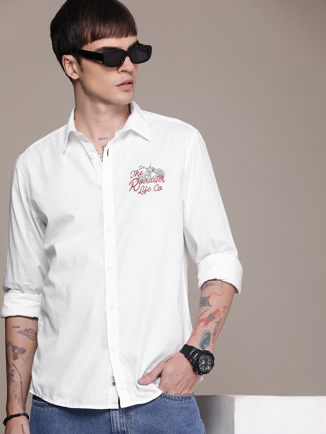 

The Roadster Life Co. Pure Cotton Brand Logo Printed Casual Shirt, White