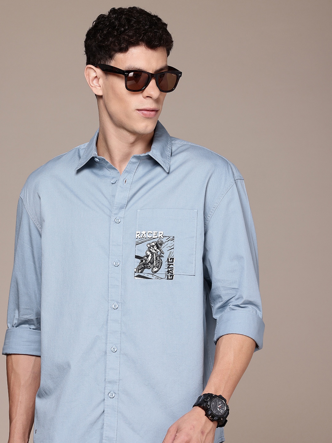 

The Roadster Life Co. Relaxed Fit Opaque Pure Cotton Casual Shirt with Minimal Print, Blue