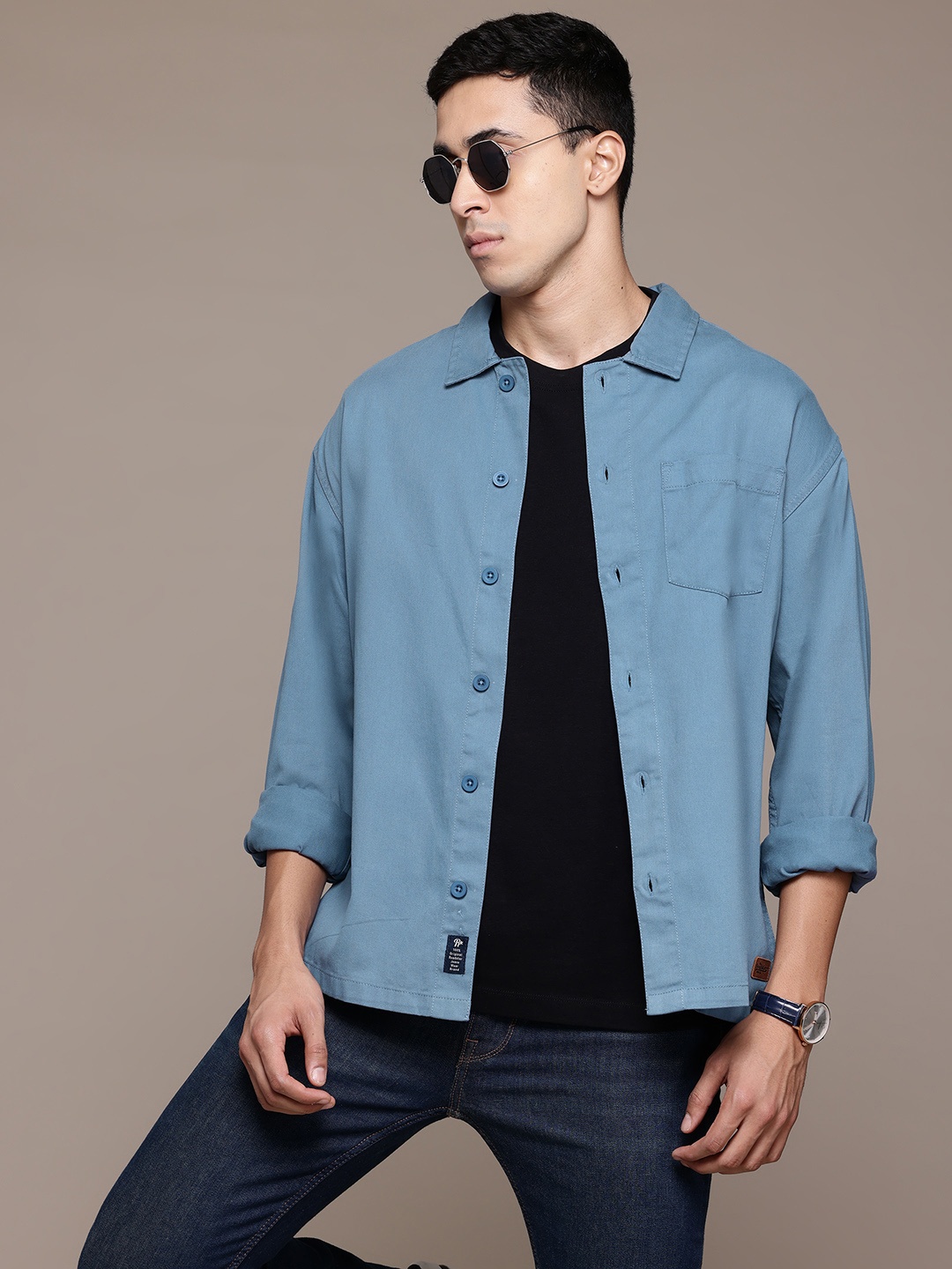 

The Roadster Lifestyle Co. Twill Weave Relaxed Fit Pure Cotton Shirt, Blue