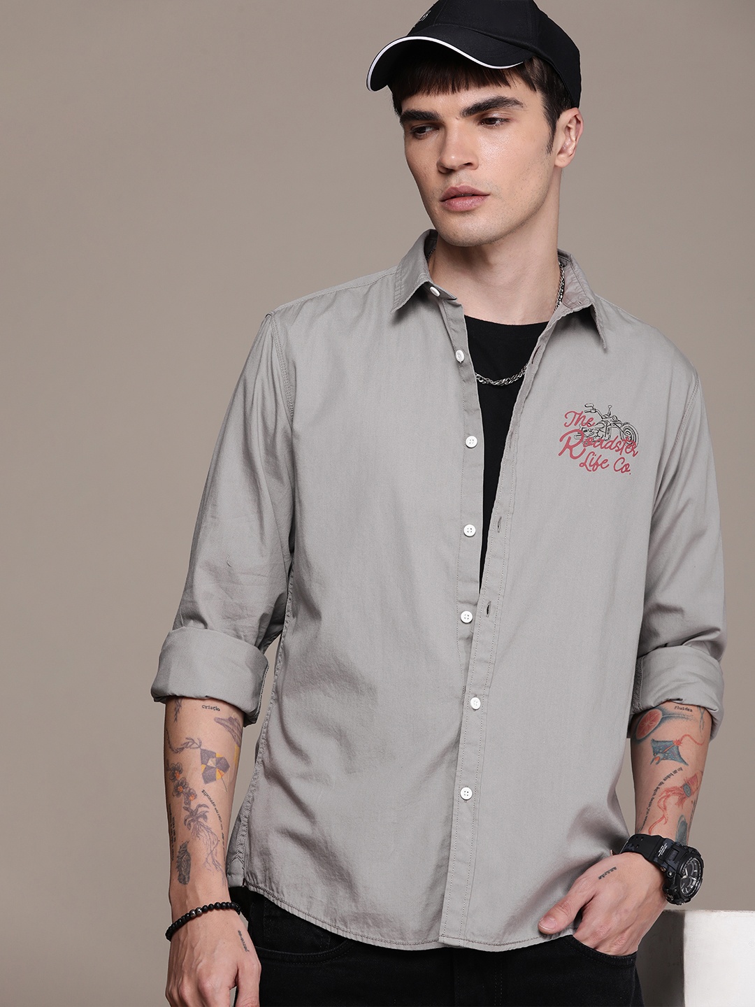 

The Roadster Life Co. Pure Cotton Brand Logo Printed Casual Shirt, Grey