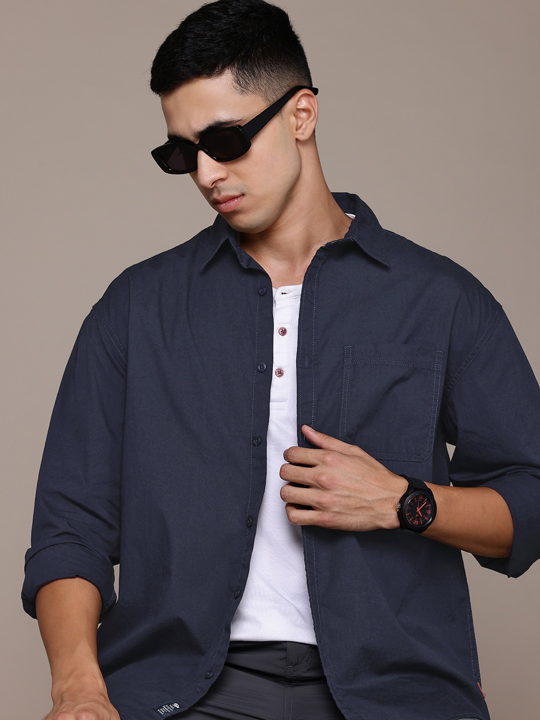 

The Roadster Lifestyle Co. Pure Cotton Relaxed Fit Shirt, Navy blue