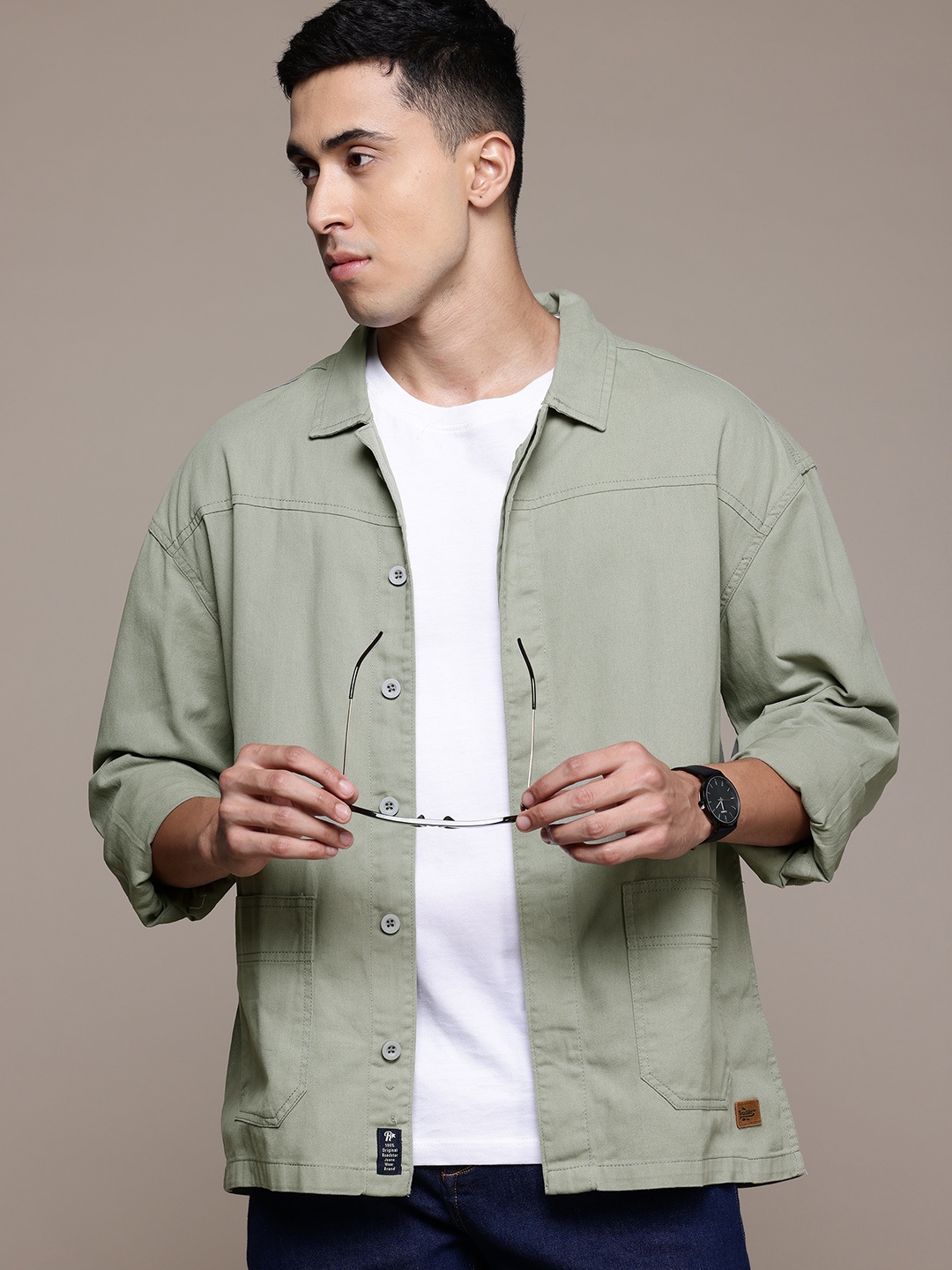

The Roadster Lifestyle Co. Relaxed Fit Pure Cotton Casual Shacket, Green