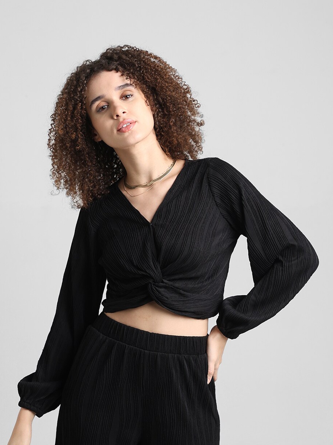 

ONLY Pleated Self Design Puff Sleeves Crop Wrap Top, Black