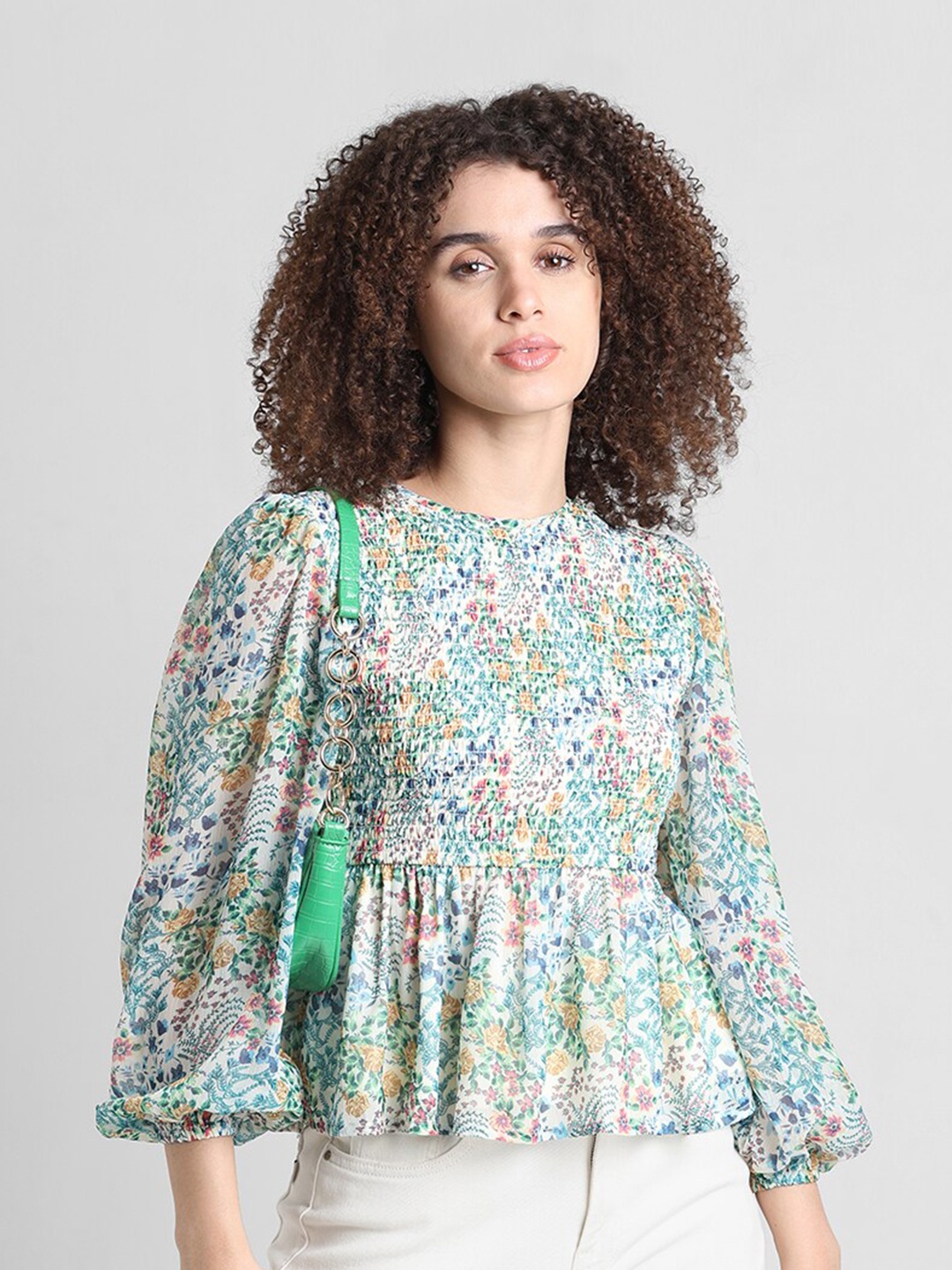 

ONLY Floral Printed Puff Sleeves Smocked Chiffon Peplum Top, Green