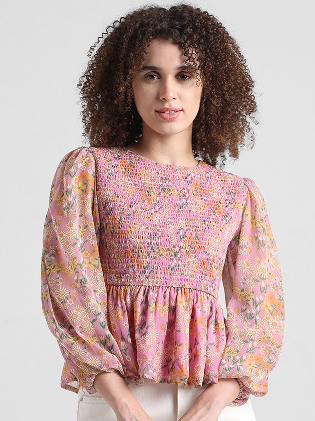 

ONLY Floral Printed Puff Sleeves Smocked Chiffon Peplum Top, Pink