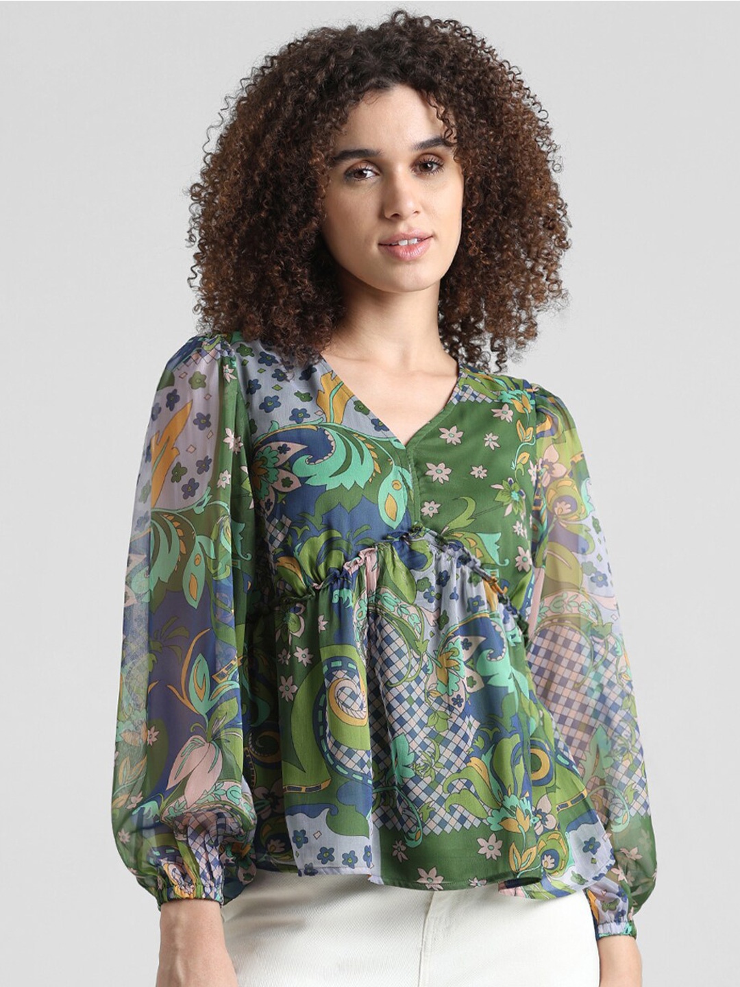 

ONLY Floral Printed Puff Sleeves Gathered Chiffon A-Line Top, Green