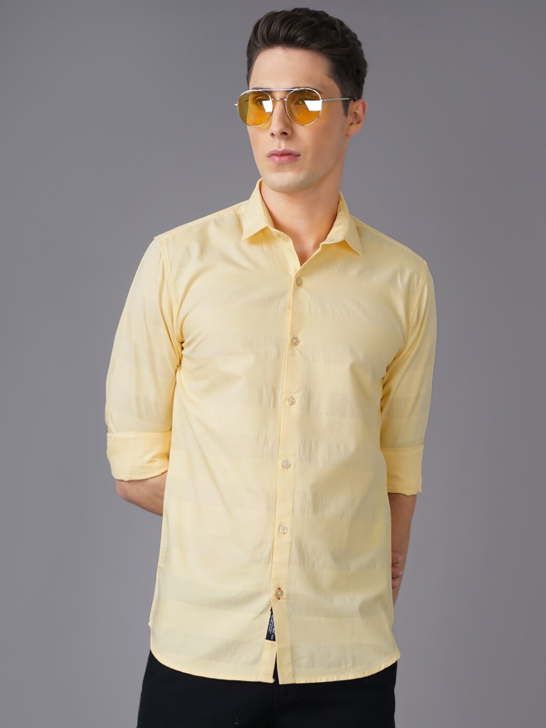 

PAUL STREET Standard Slim Fit Horizontal Striped Cotton Casual Shirt, Yellow