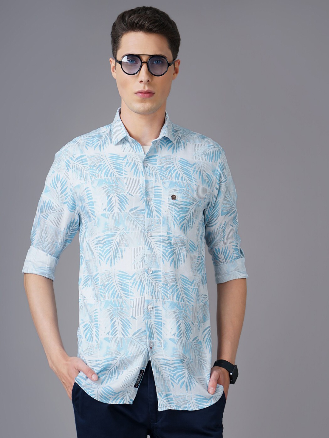 

PAUL STREET Blue Standard Slim Fit Floral Printed Long Sleeve Cotton Casual Shirt