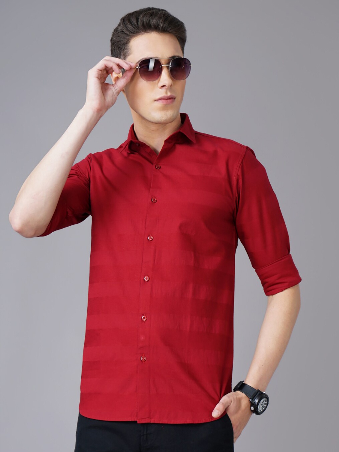 

PAUL STREET Standard Slim Fit Horizontal Striped Casual Shirt, Red