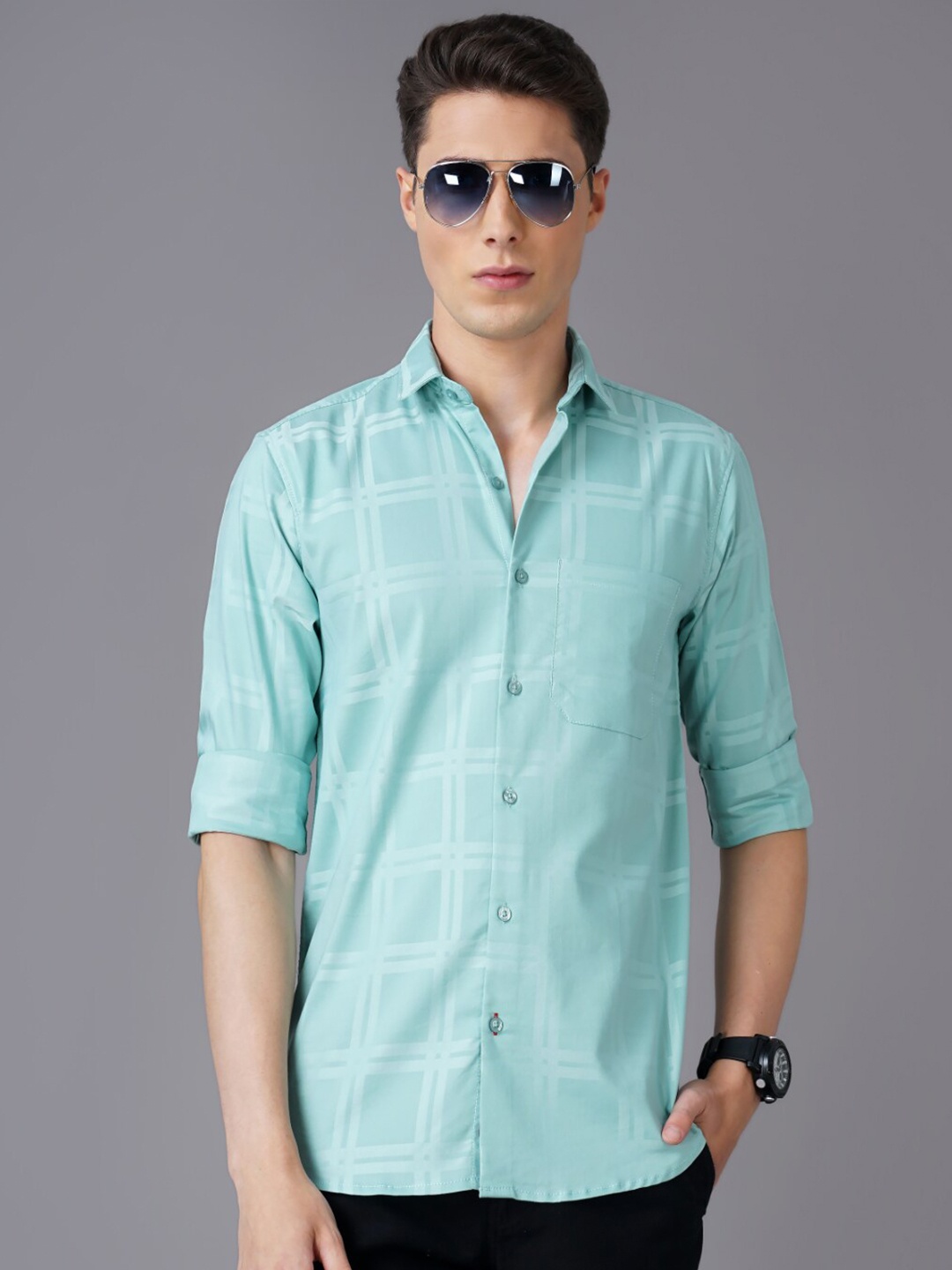 

PAUL STREET Spread Collar Standard Slim Fit Checked Casual Shirt, Green