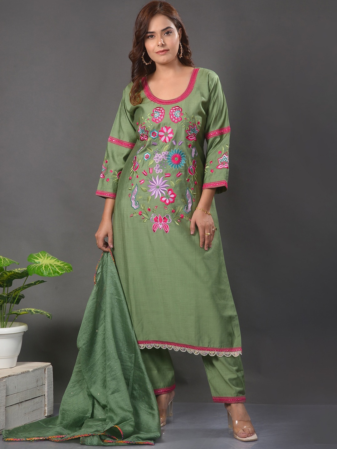 

Clora Creation Floral Embroidered Regular Kurta with Palazzos & With Dupatta, Olive