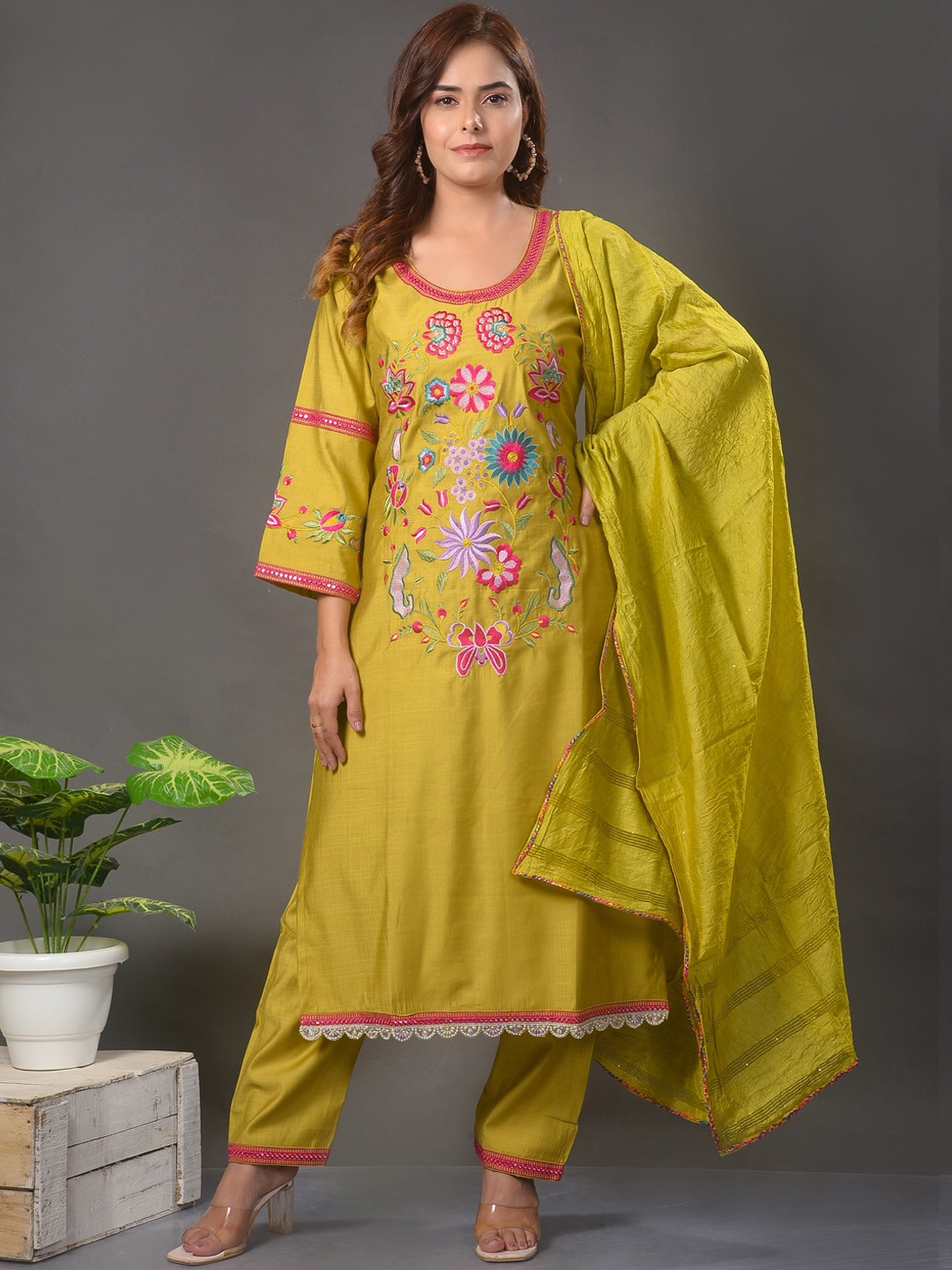 

Clora Creation Floral Embroidered Mirror Work Kurta with Palazzos & Dupatta, Mustard
