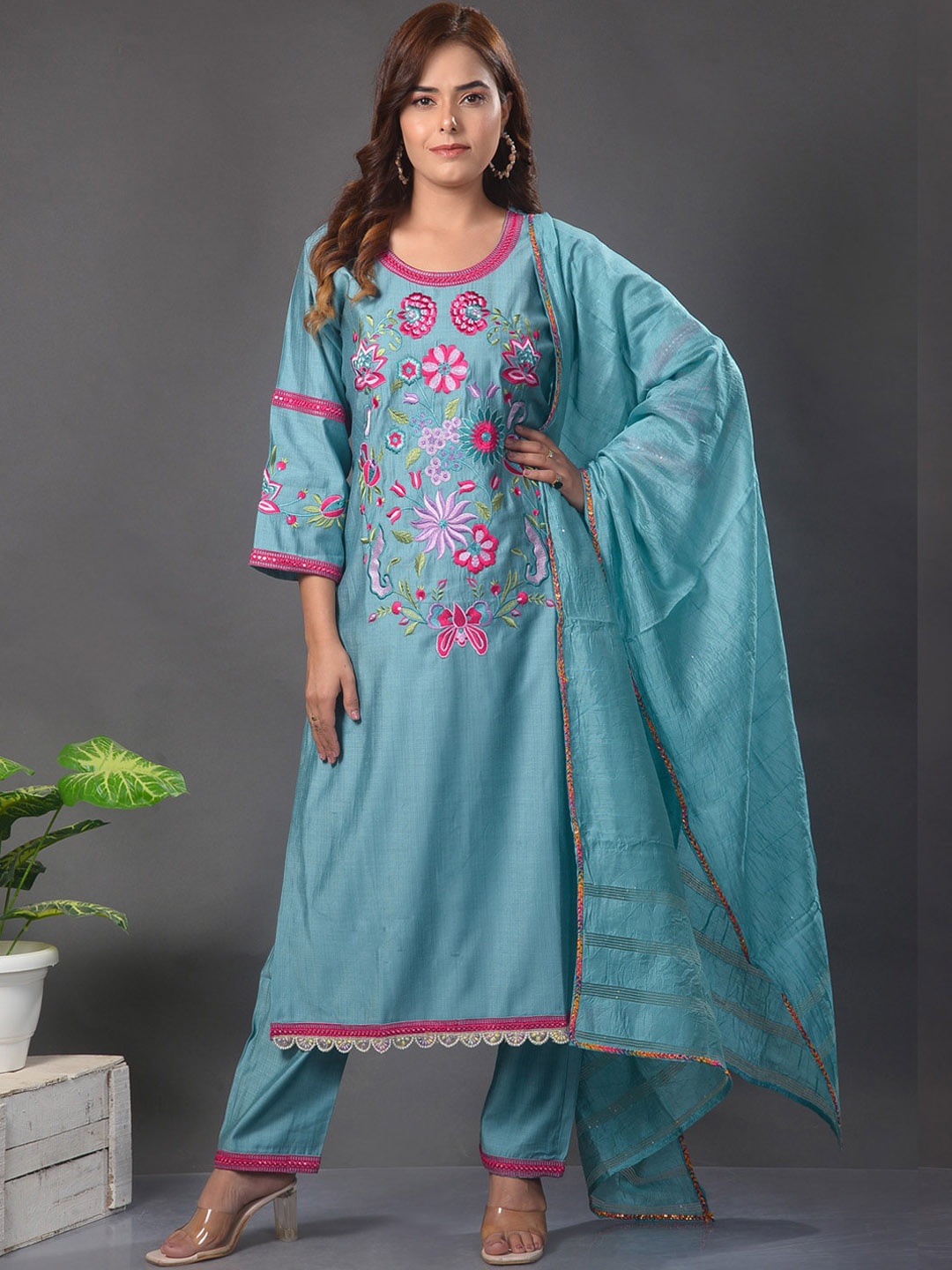 

Clora Creation Floral Embroidered Kurta with Palazzos & With Dupatta, Blue